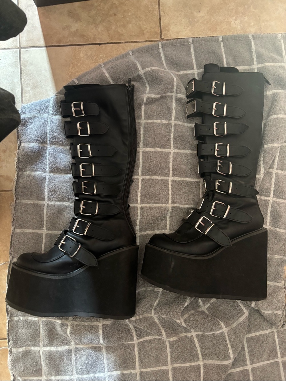 Demonia Black Knee-High Multi-Buckle Platform Boots
